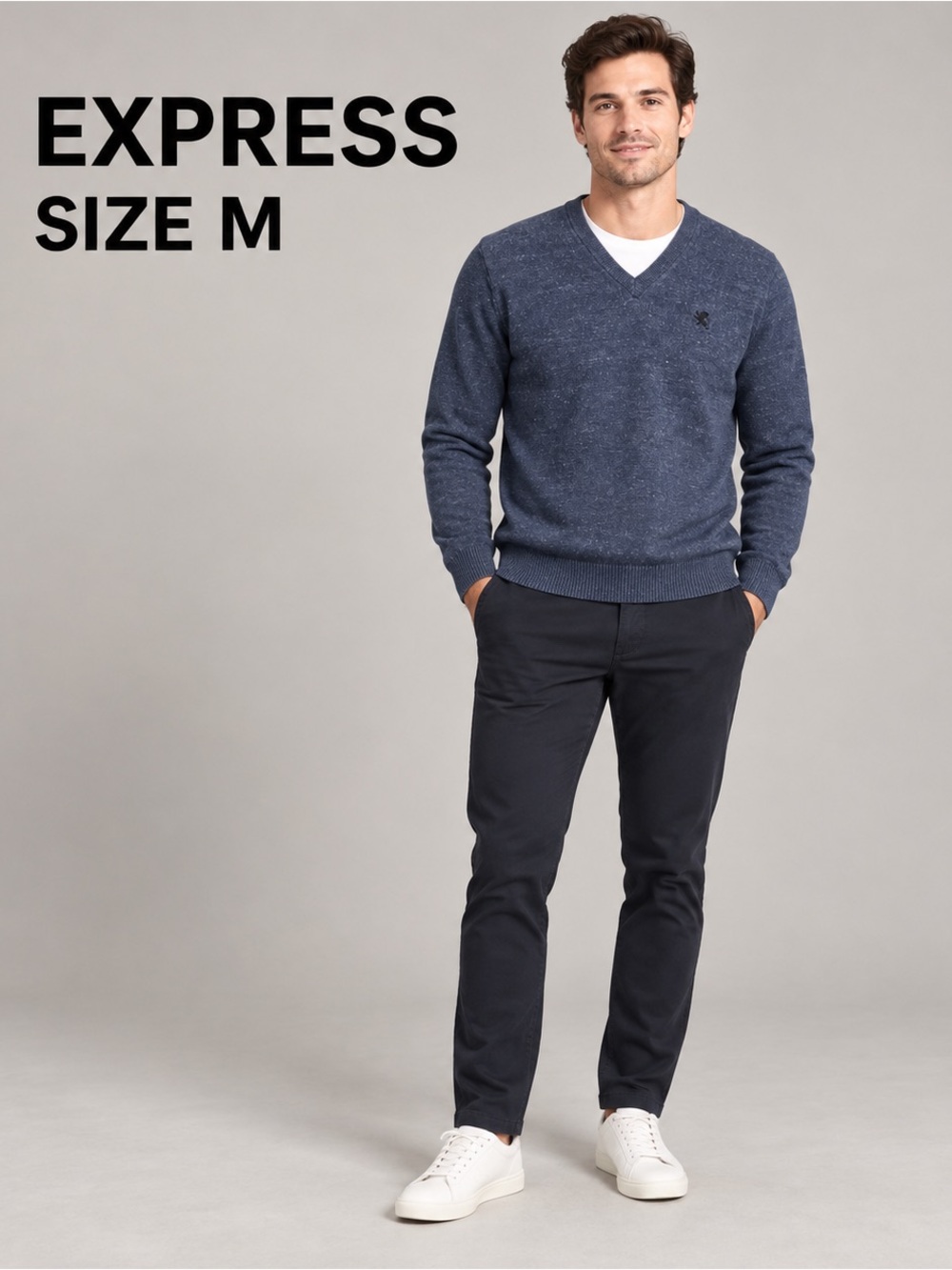 Express Men’s Size M Navy Blue Heathered V-Neck Long-Sleeve Knit Sweater